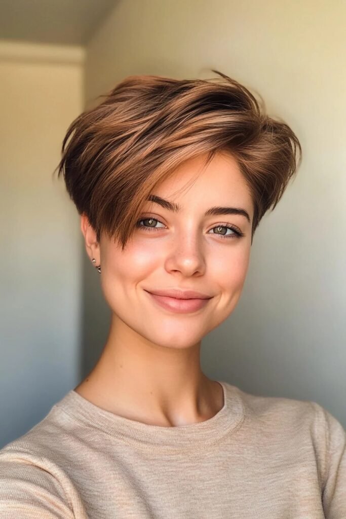 27. Modern Brunette Pixie with Layered Piecey Bangs