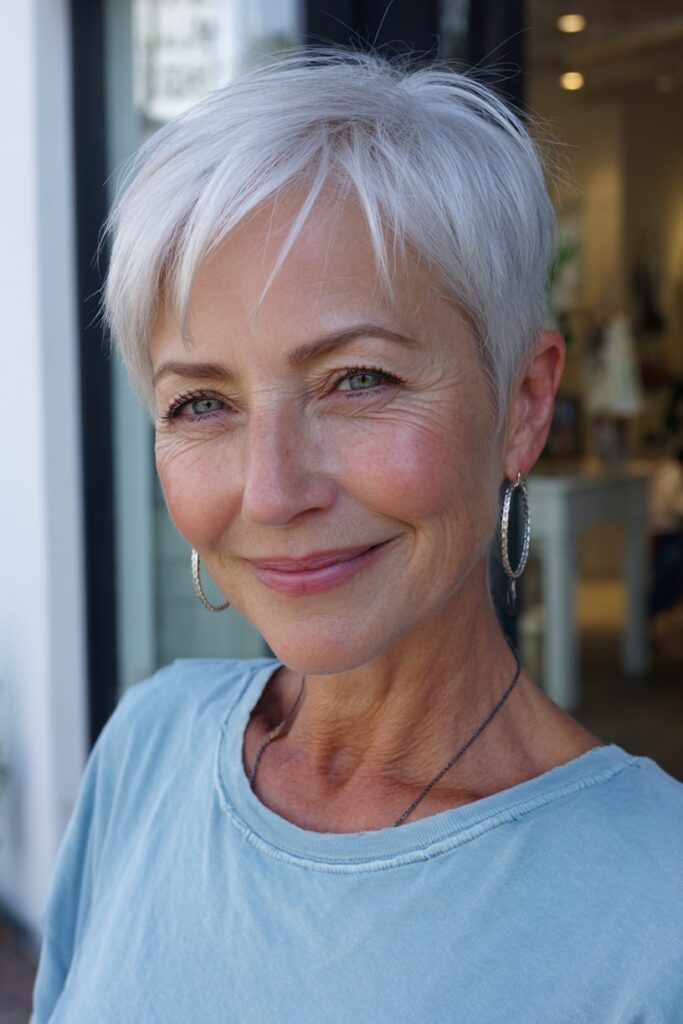 54. Modern Silver Pixie Cut with Side-Swept Fringe