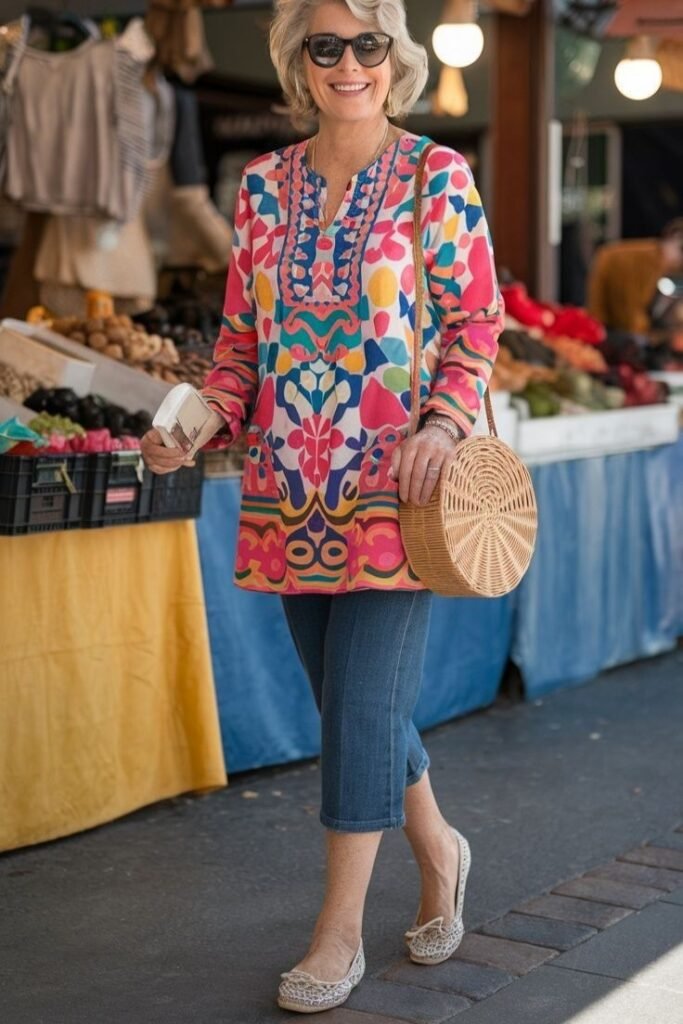 Multi Color Patterned Tunic + Cropped Denim Jeans + White Lace Up Espadrilles