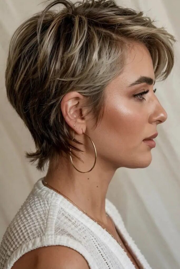 Multi-Tonal Brunette Pixie with Layered Nape