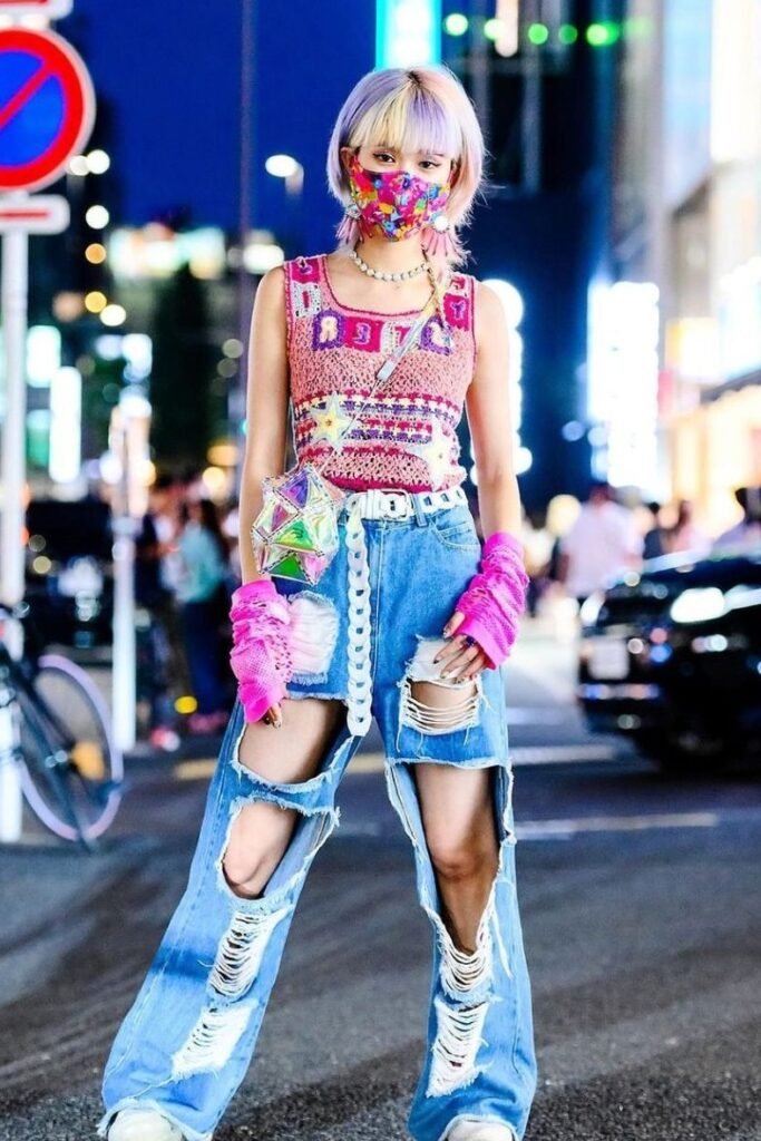 Multicolor Knit Crop Top + Extreme Ripped Wide Leg Jeans + White Sneakers