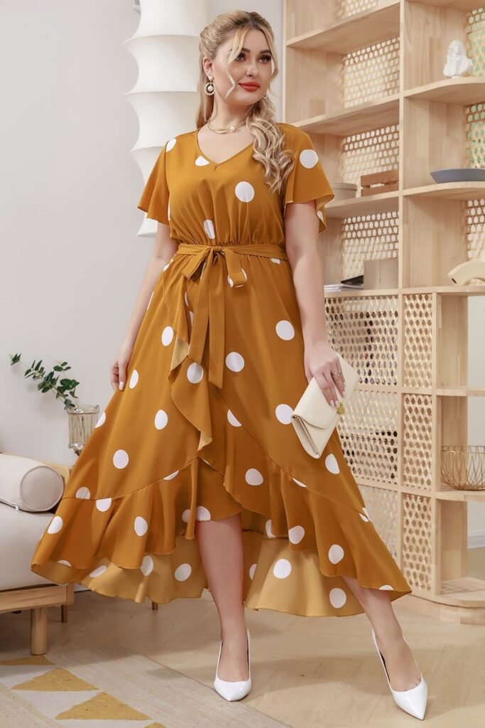 Mustard High-Low Polka Dot Dress + White Pointed Pumps + Cream Clutch