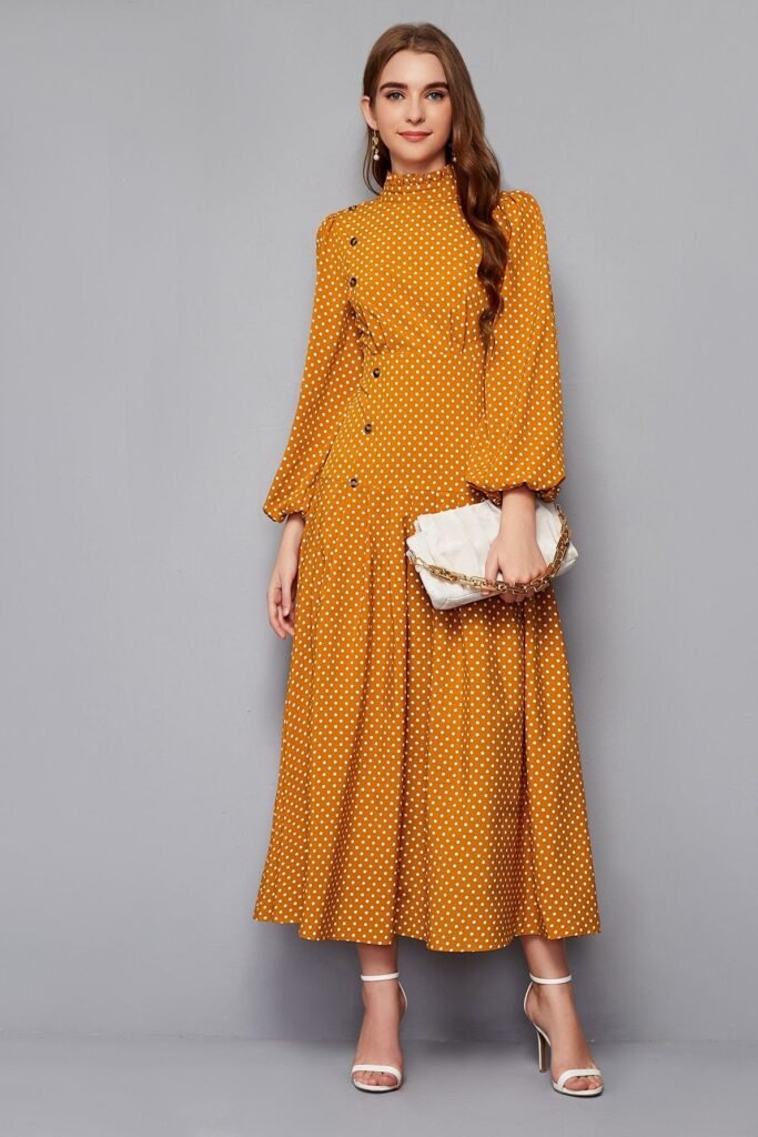 Mustard Polka Dot Long-Sleeved Dress + White Chain Handbag + White Strappy Heels