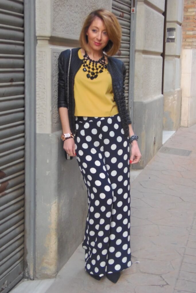 Mustard Yellow Blouse + Black Textured Jacket + Large Black & White Polka Dot Pants + Black Pumps