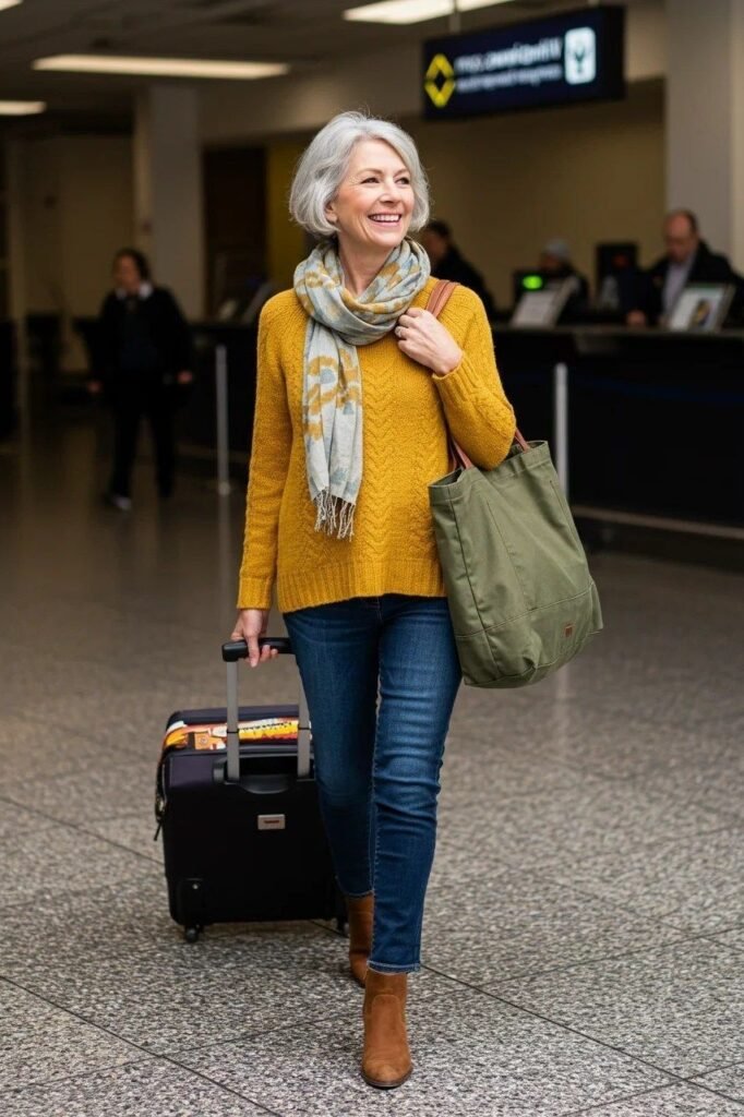 Mustard Yellow Cable Knit Sweater + Blue Skinny Jeans + Brown Suede Ankle Boots
