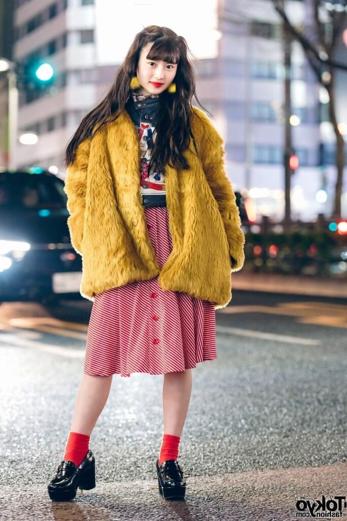 Mustard Yellow Faux Fur Coat + Red Striped Midi Skirt + Black Platform Loafers