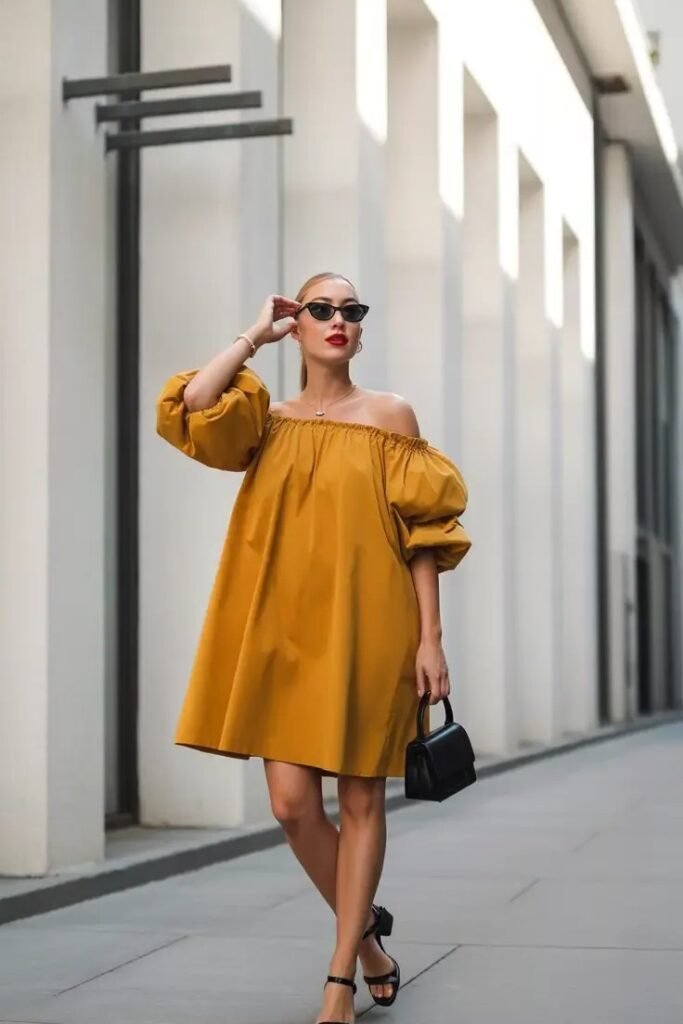 Mustard Yellow Off Shoulder Dress + Black Mini Bag + Black Sandals