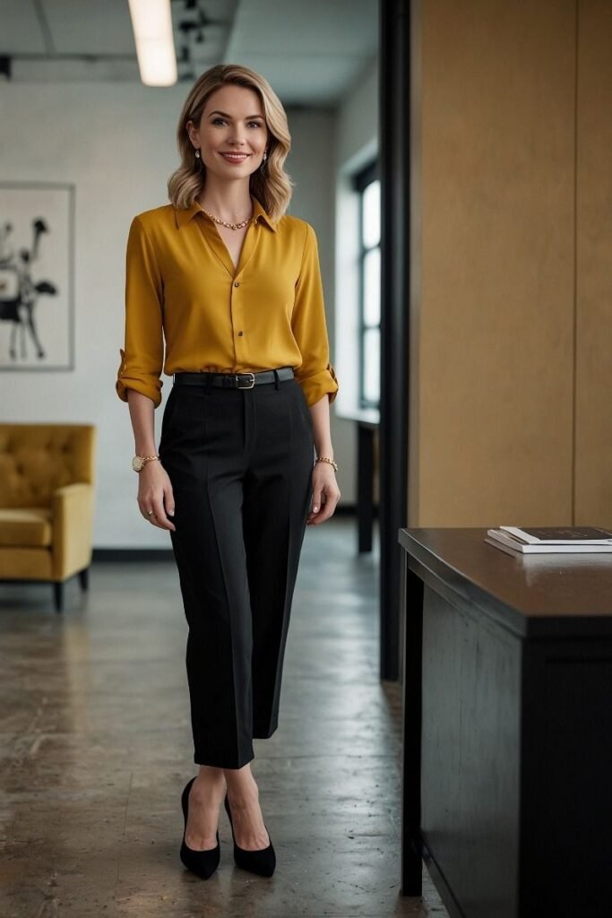 Mustard Yellow Silky Button Down Shirt + Black High Waisted Tapered Trousers + Black Pointed Pumps
