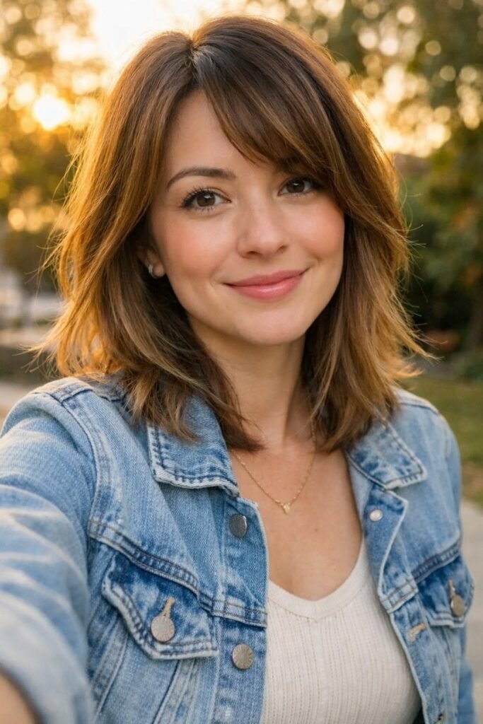 47. Natural Wavy Shoulder Length Hair with Curtain Bangs