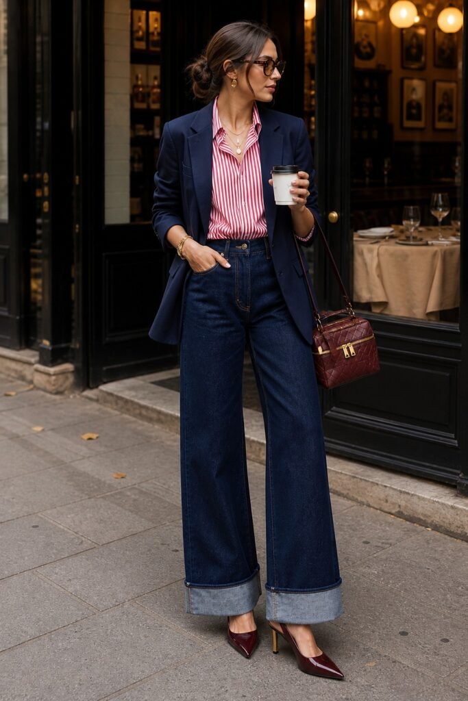 Navy Blazer + Red and White Striped Shirt + Dark Wide Leg Jeans + Dark Heels