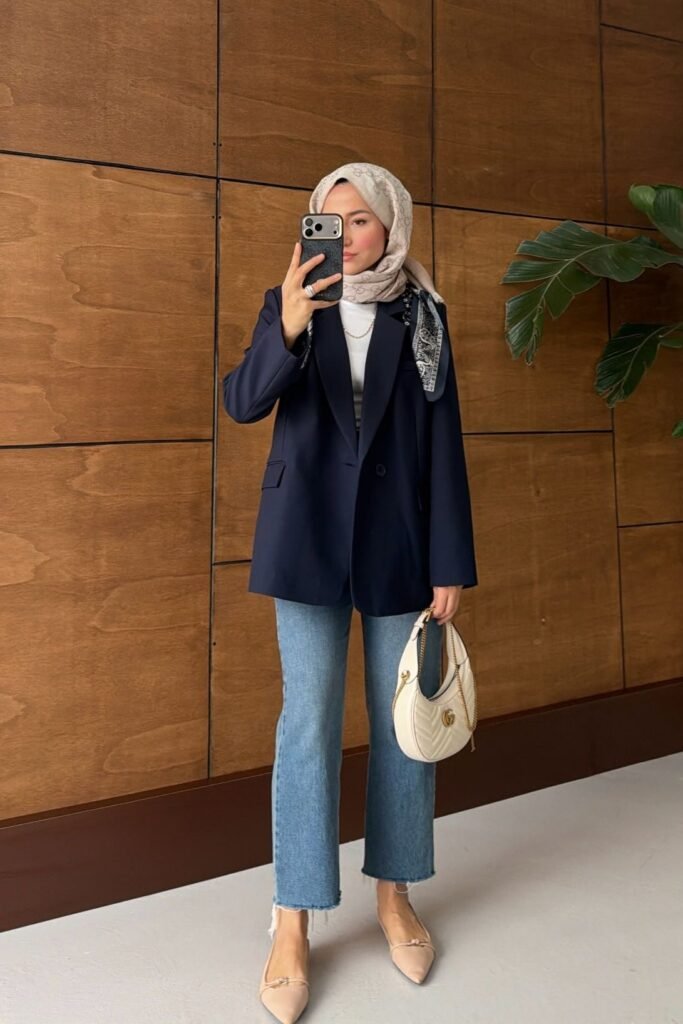 Navy Blazer + White Top + Blue Cropped Jeans