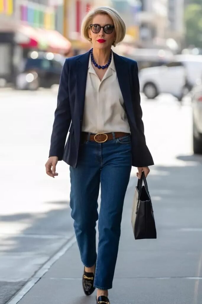 Navy Blazer + White V Neck Blouse + Classic Blue Jeans + Black Loafers