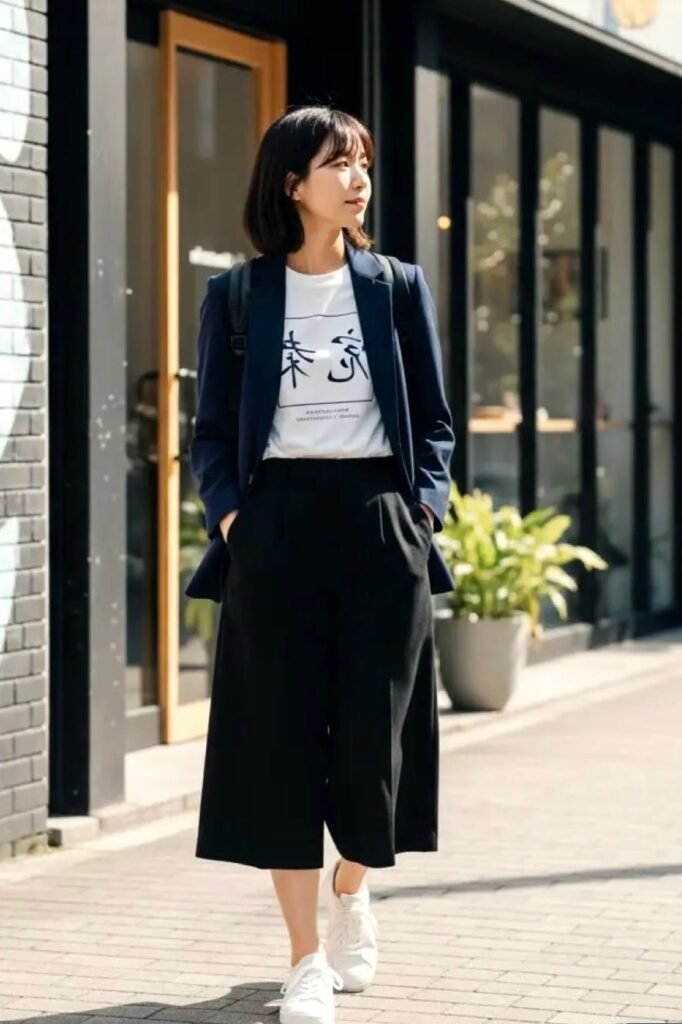 Navy Blue Blazer + Graphic White T Shirt + Black Culottes + White Sneakers