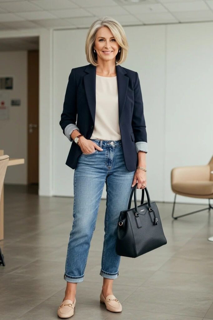 Navy Blue Blazer + White Scoop Neck Top + Medium Wash Cuffed Jeans + Nude Loafers
