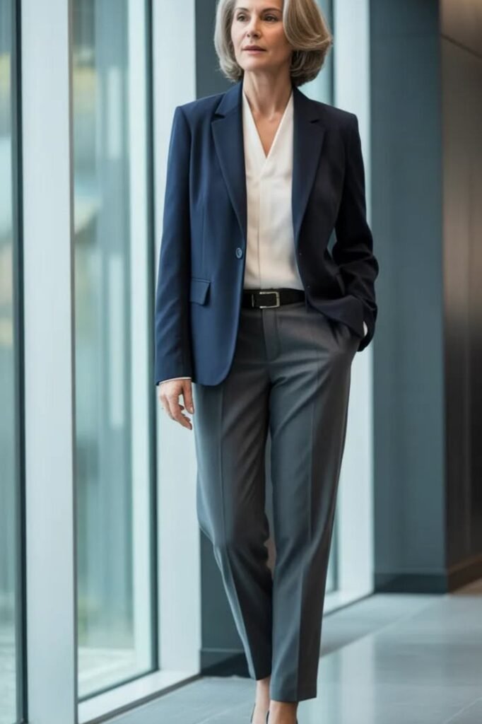 Navy Blue Blazer + White V Neck Blouse + Charcoal Grey Dress Pants + Black Heels