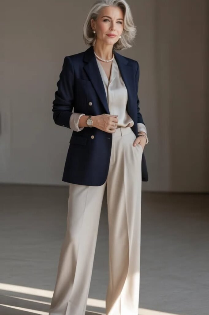 Navy Blue Double Breasted Blazer + Champagne Satin Blouse + Off White Wide Leg Trousers