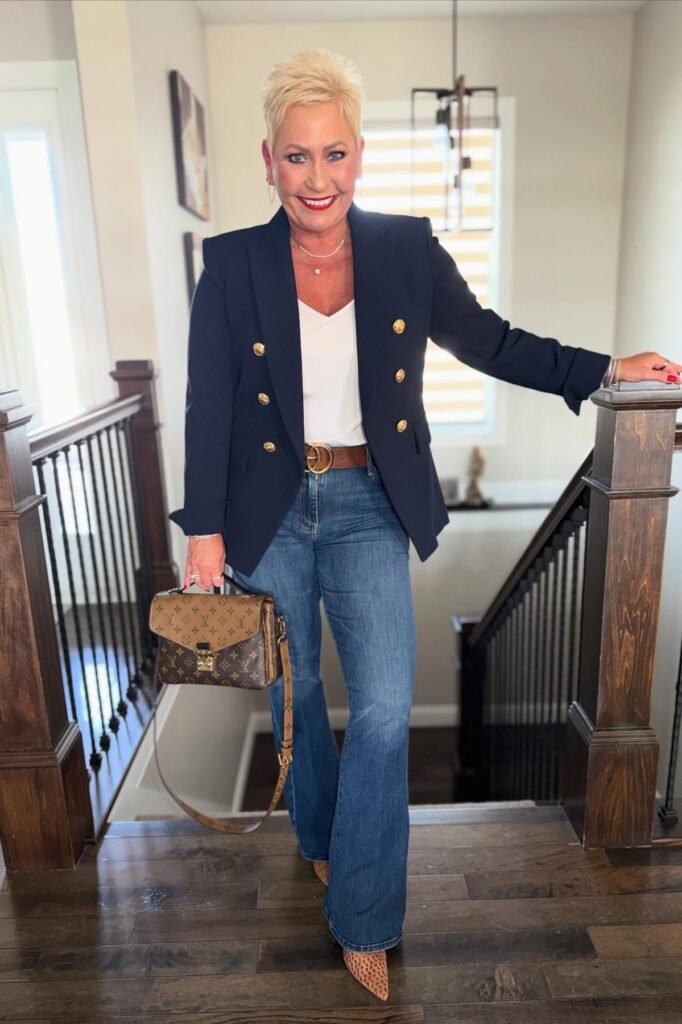 Navy Blue Double Breasted Blazer + White V Neck Top + Blue Flared Jeans + Leopard Print Heels