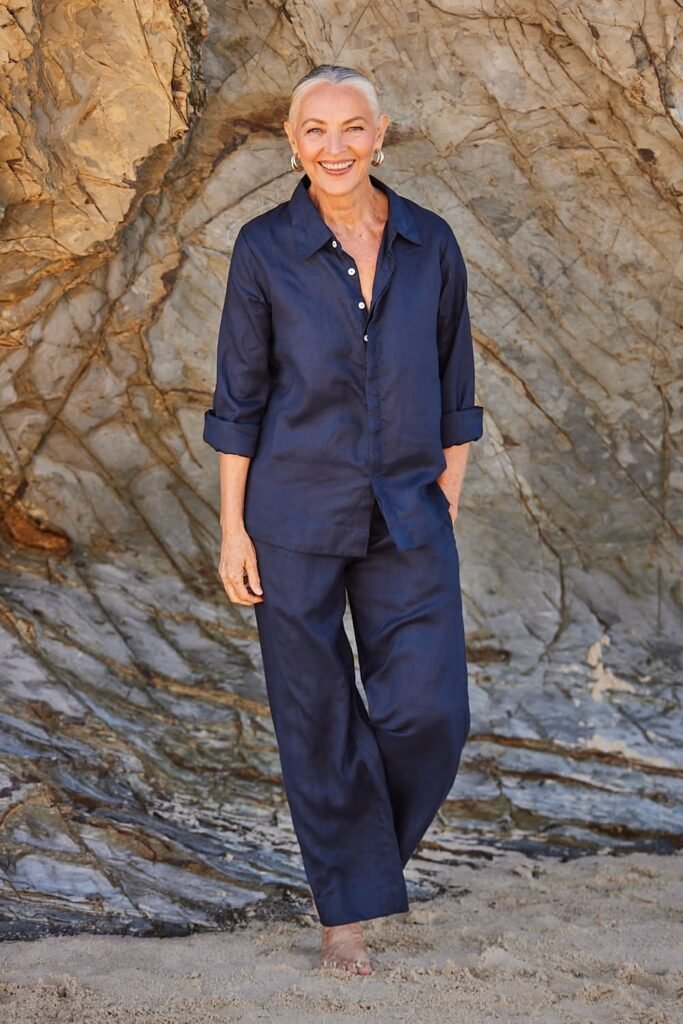 Navy Blue Linen Button Down Shirt + Navy Blue Linen Wide Leg Pants + Gold Hoop Earrings