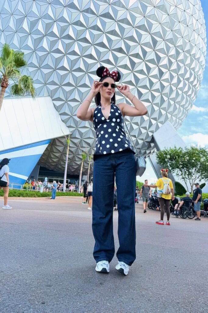 Navy Blue Polka Dot Halter Top + Dark Wash Wide Leg Jeans + White Chunky Sneakers