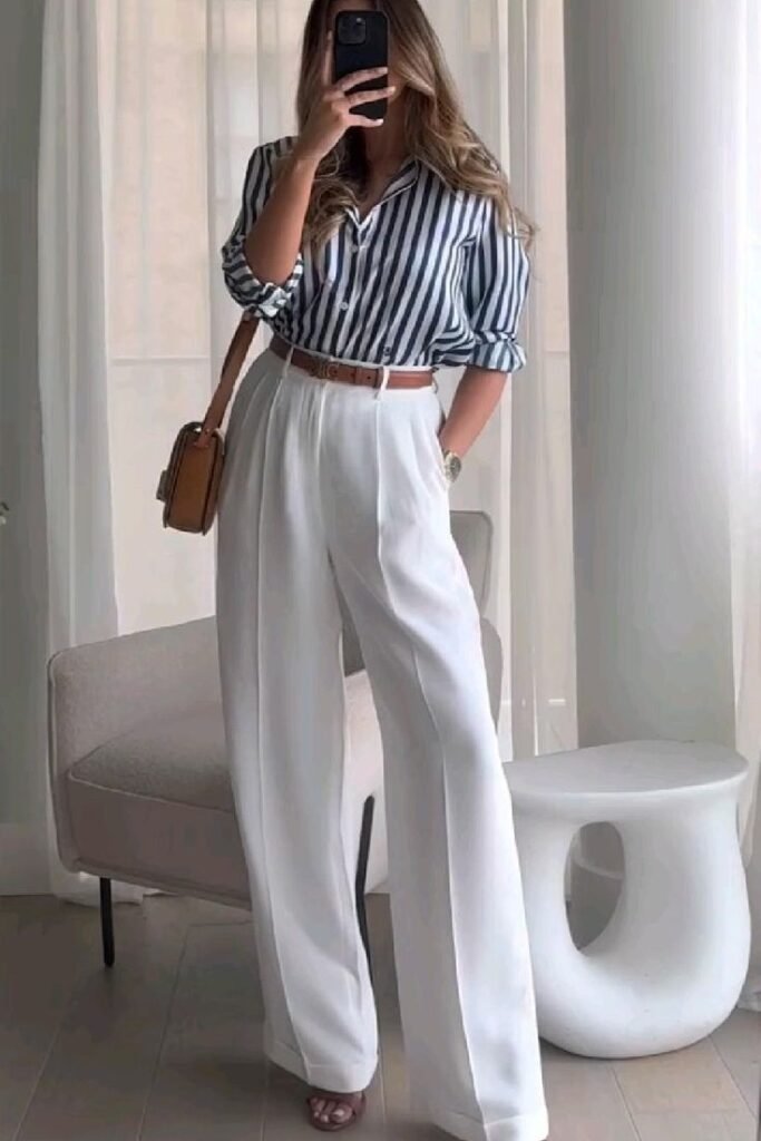 Navy Blue and White Vertical Striped Shirt + White High Waisted Pleated Trousers + Tan Leather Belt + Tan Leather Crossbody Bag