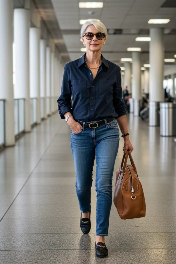 Navy Button Down Shirt + Medium Wash Slim Jeans + Black Leather Loafers