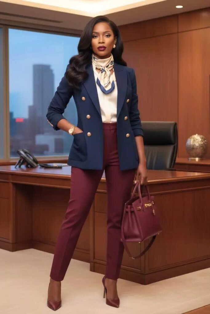 Navy Double Breasted Blazer + White Silk Blouse + Burgundy Trousers + Nude Heels