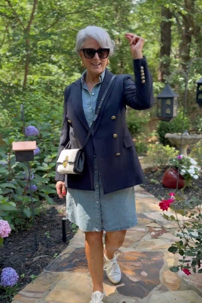 Navy Double Breasted Blazer over Denim Shirt Dress + White Low Top Sneakers