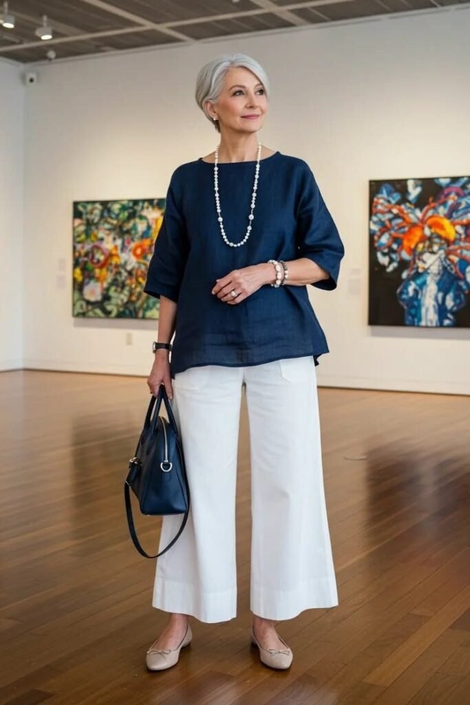 Navy Linen Tunic + White Wide-Leg Crop Pants + Nude Ballet Flats