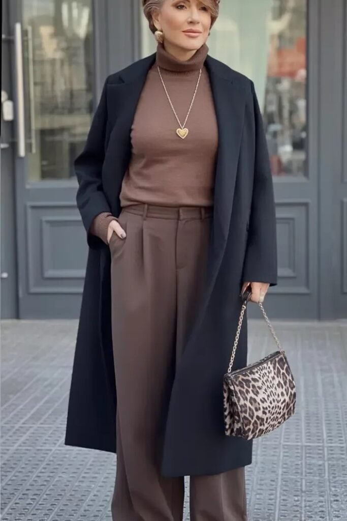 Navy Overcoat + Brown Turtleneck + Brown Pleated Trousers + Leopard Print Handbag