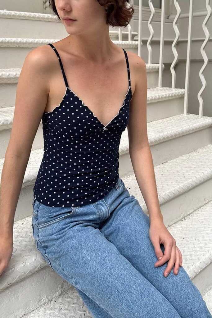 Navy Polka Dot Scalloped Cami + Straight Leg Blue Jeans