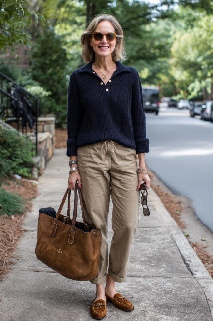 Navy Ribbed Polo Sweater + Khaki Joggers + Brown Suede Loafers