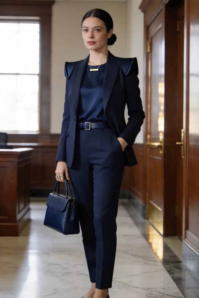 Navy Satin Blouse + Navy Suit Blazer + Navy Trousers