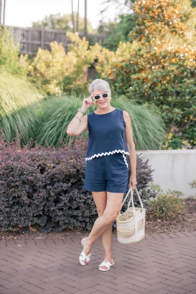 Navy Scallop Trim Top and Shorts Set + Straw Tote Bag + White Flat Sandals