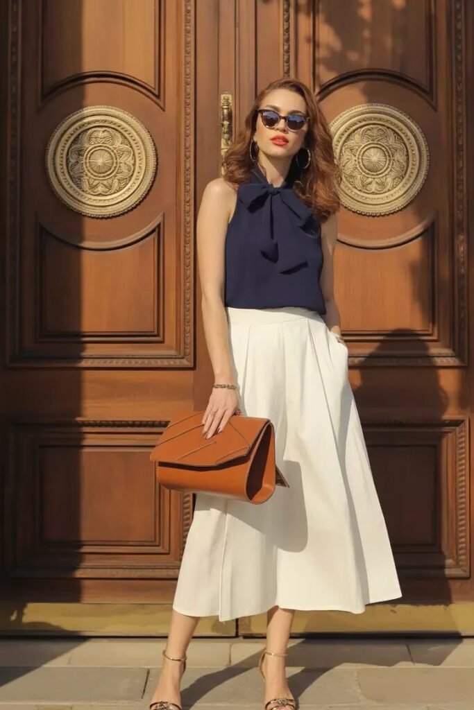 Navy Sleeveless Bow Blouse + White Midi Skirt + Gold Strappy Heels