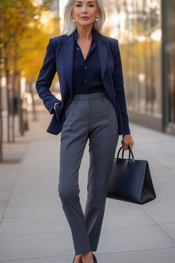 Navy Tailored Blazer + Navy Silk Button Down + Grey Patterned Trousers