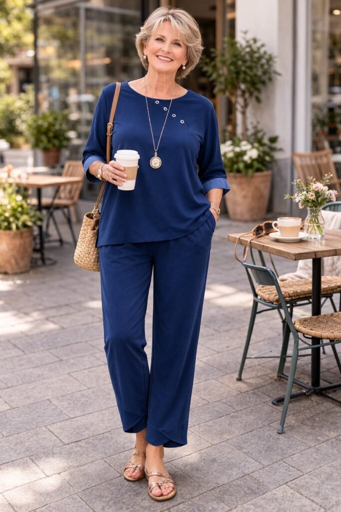 Navy Three Quarter Sleeve Top with Button Detail + Matching Navy Wide Leg Trousers + Metallic Strappy Sandals