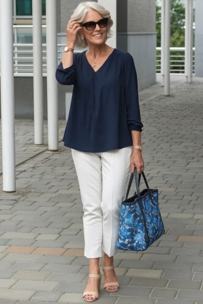 Navy V-Neck Blouse + White Cropped Trousers + Nude Block Heel Sandals