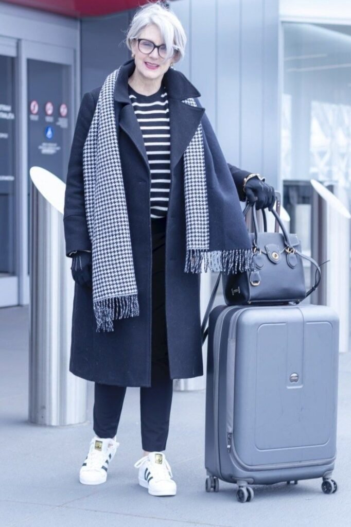 Navy Wool Coat + Striped Sweater + Black Pants + Houndstooth Scarf + White Sneakers