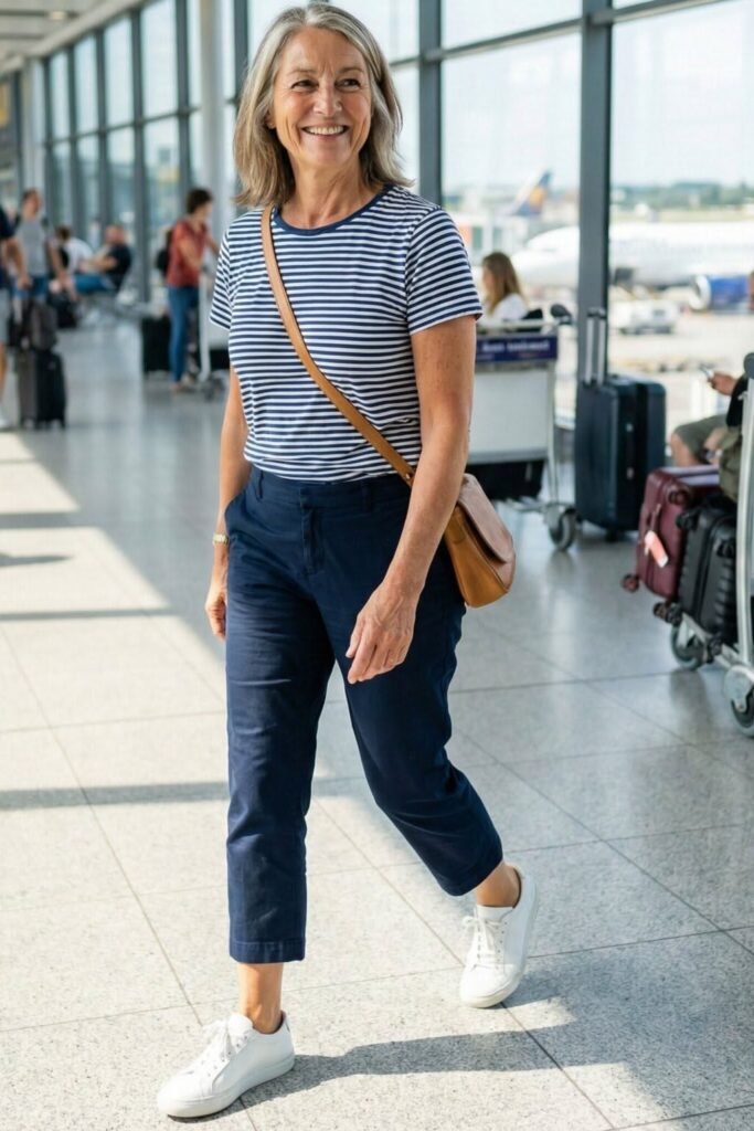 Navy and White Striped Crewneck Tee + Navy Cropped Trousers + White Sneakers