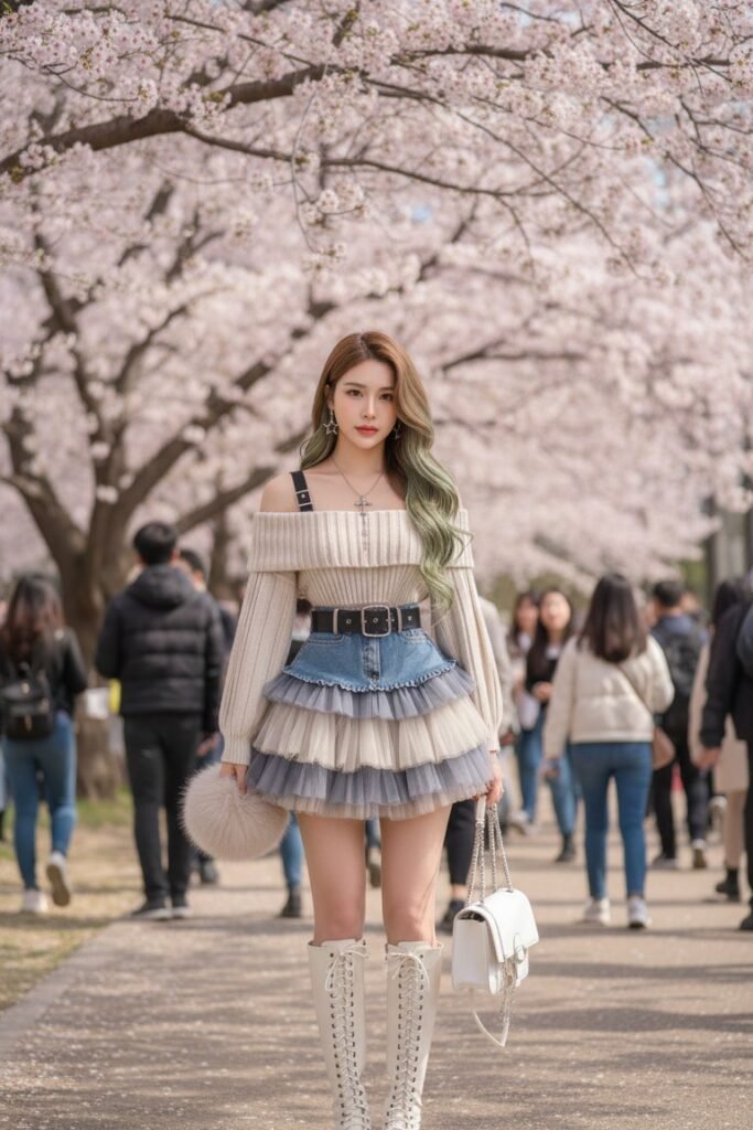 Off The Shoulder Cream Knit Sweater + Tiered Tulle and Denim Mini Skirt + White Lace Up Knee High Boots