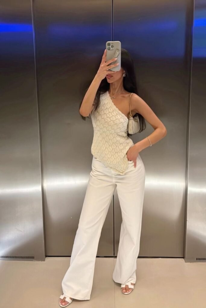 Off The Shoulder Cream Textured Knit Top + White Wide Leg Trousers + White Slide Sandals