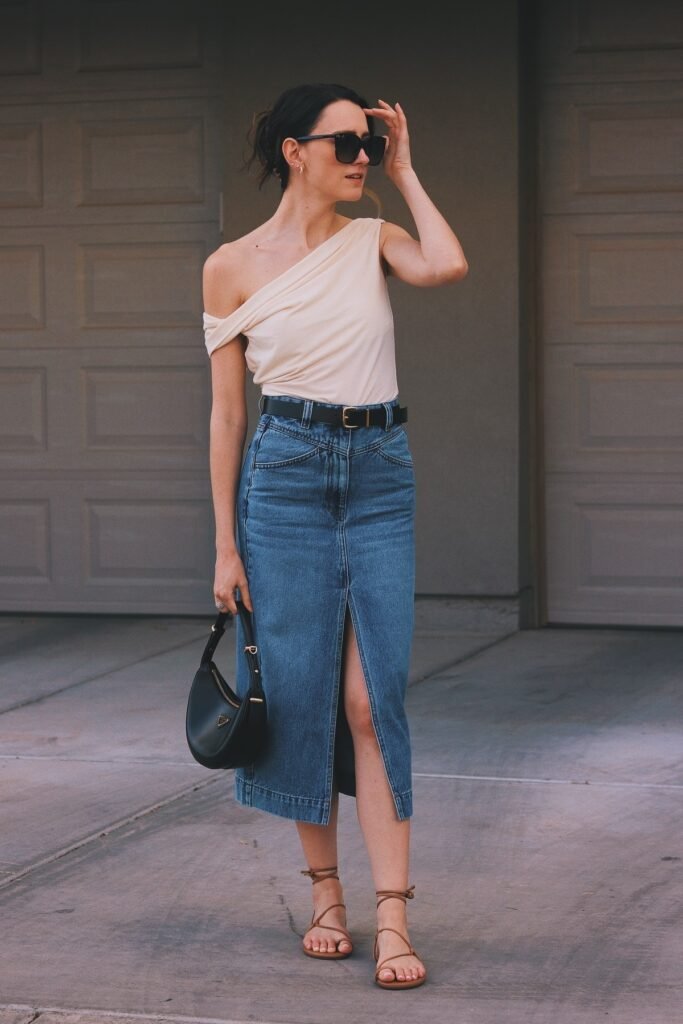 Off The Shoulder Cream Top + Denim Midi Skirt with Front Slit + Black Belt + Brown Lace Up Sandals