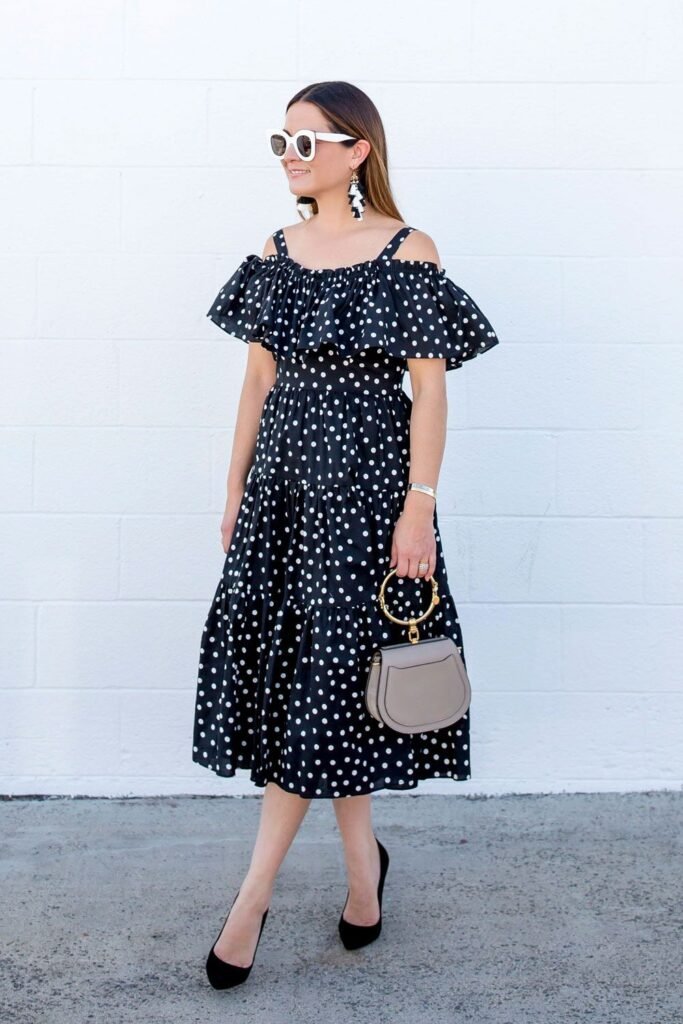 Off The Shoulder Tiered Polka Dot Midi Dress + White Retro Sunglasses + Taupe Round Handle Bag + Black Pumps