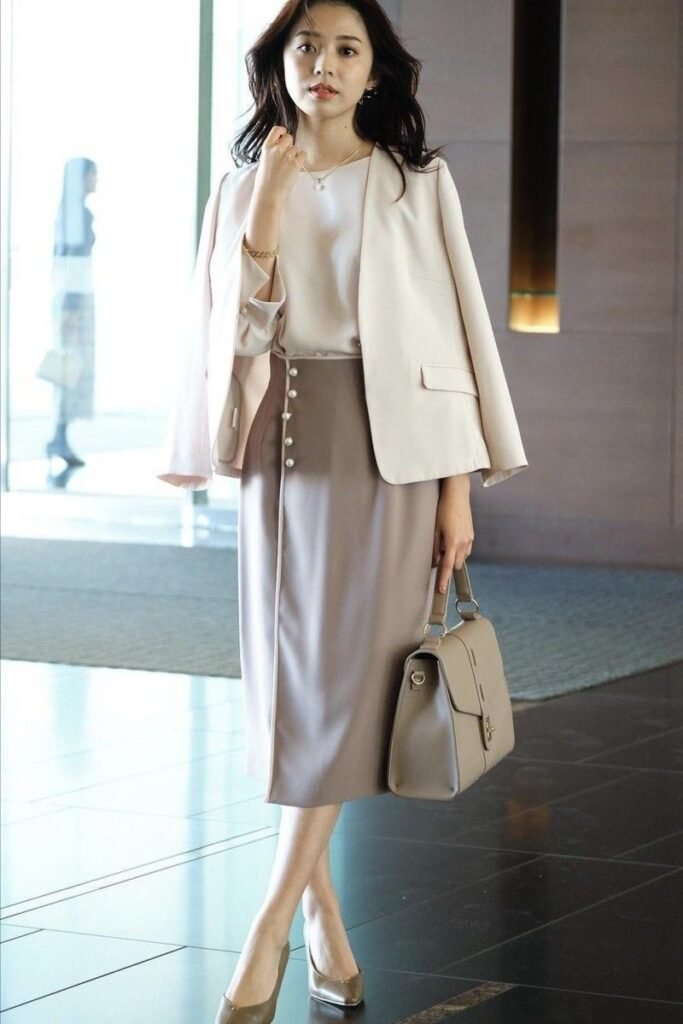 Off White Blazer + Beige Blouse + Taupe Button Up Midi Skirt + Metallic Pumps