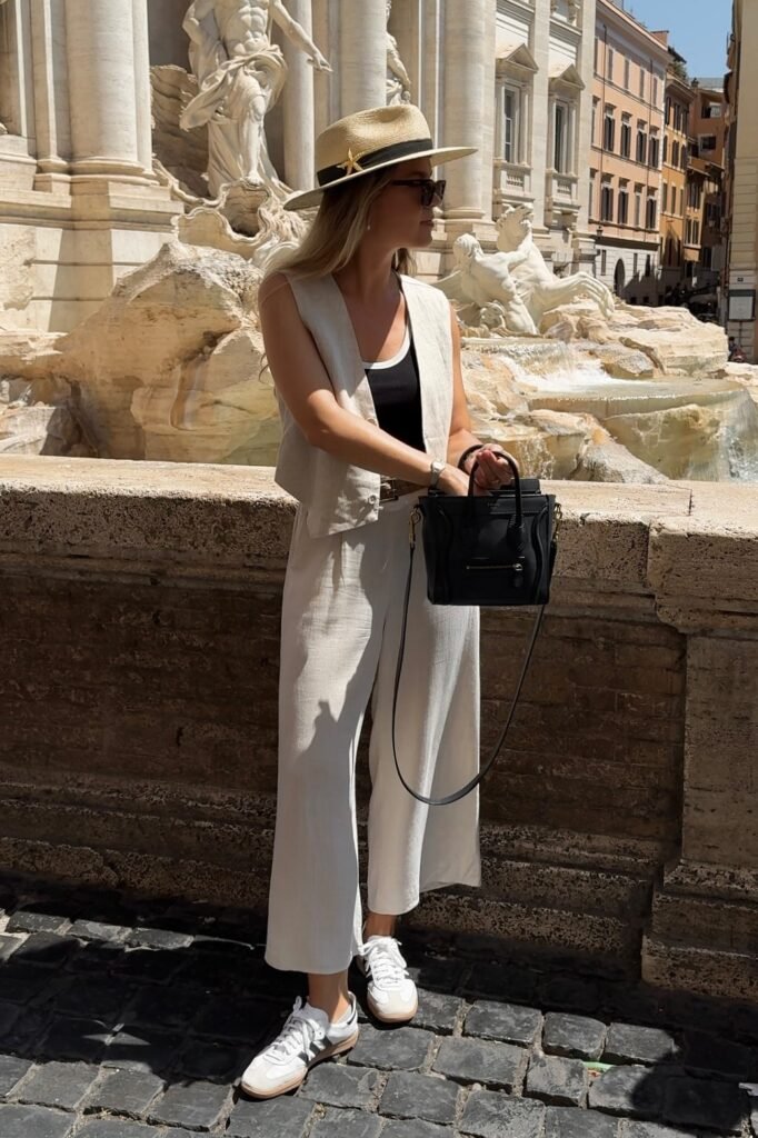 Off White Linen Vest + Black and White Tank Top + Off White Wide Leg Trousers + Straw Fedora Hat + Black Crossbody Bag + White Sneakers
