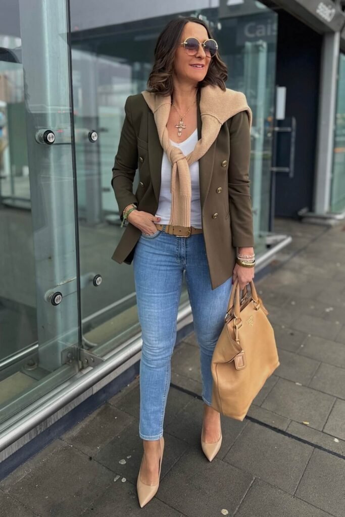 Olive Green Blazer + Beige Sweater + White Tank Top + Light Wash Skinny Jeans + Beige Pointed Toe Heels