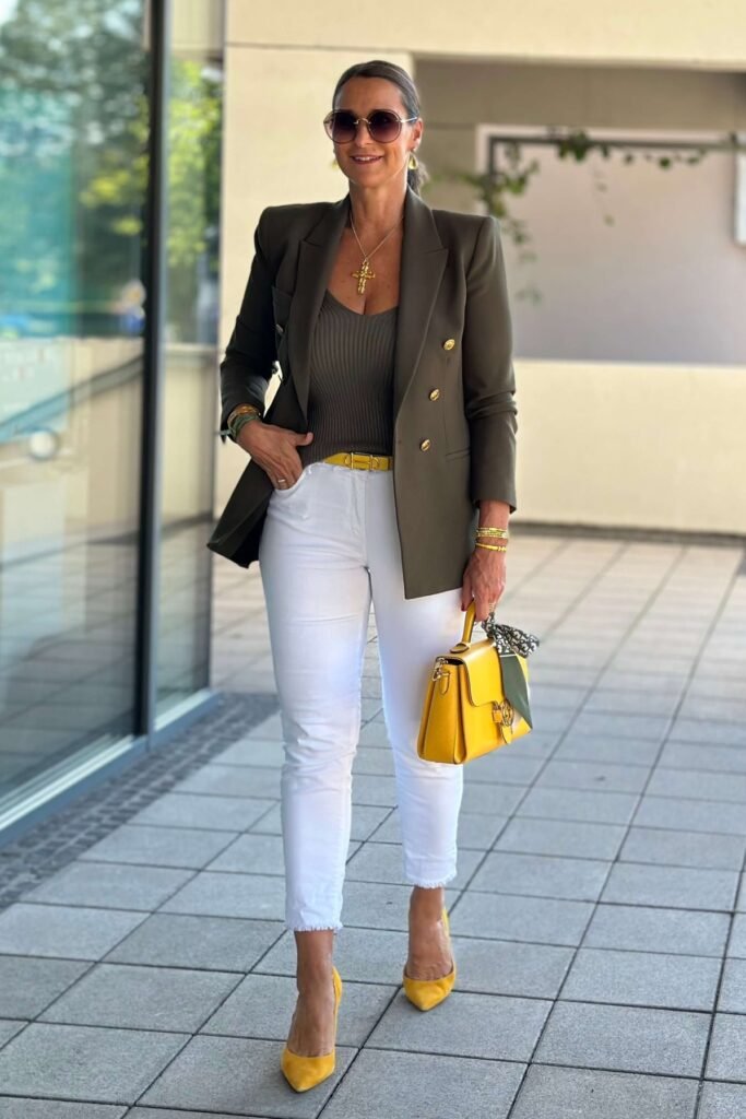 Olive Green Blazer + Brown Tank Top + White Ankle Jeans + Yellow Heels