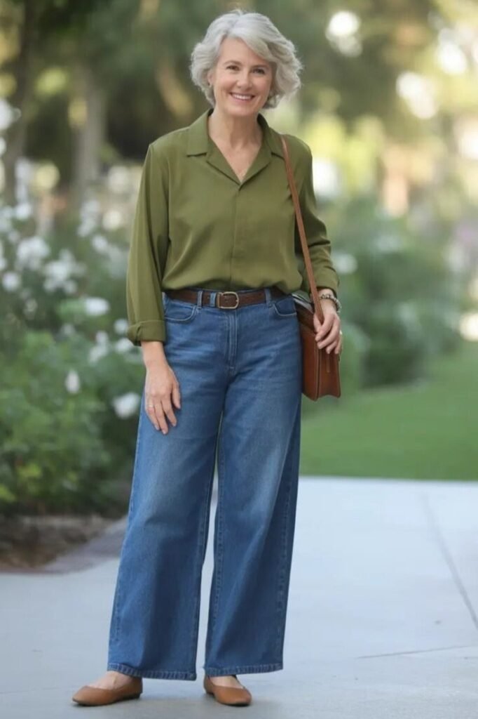 Olive Green Button-Down + Medium Wash Wide-Leg Jeans + Tan Ballet Flats