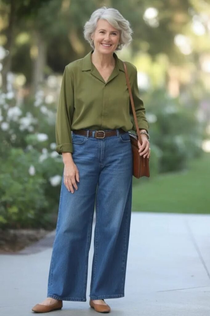 Olive Green Button-Down Shirt + Blue Wide-Leg Jeans + Brown Leather Belt + Tan Ballet Flats