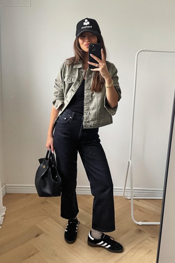 Olive Green Denim Jacket + Black Tank Top + Black Crop Flare Jeans + Black Sneakers